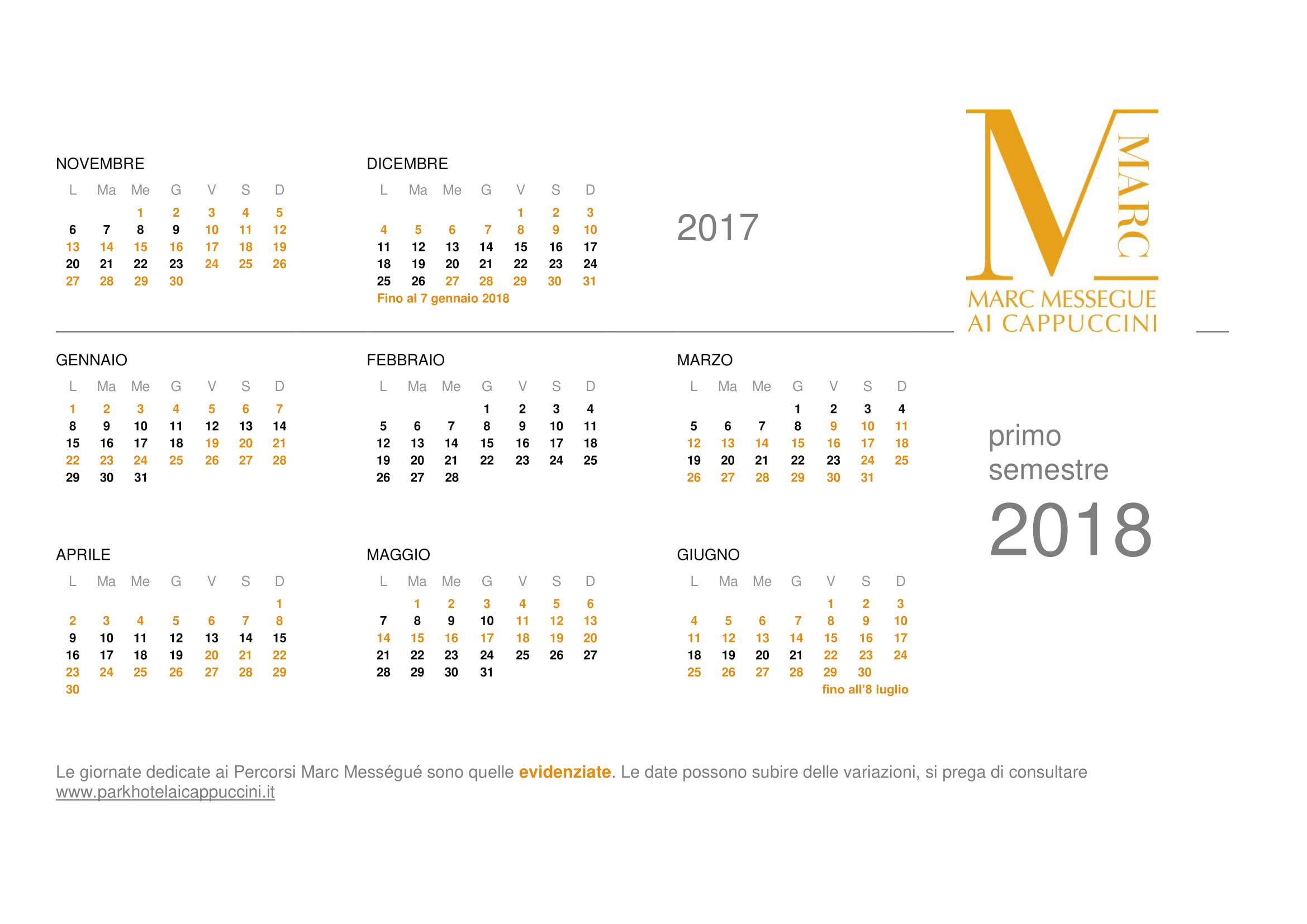 CALENDARIO 1° SEMESTRE 2018